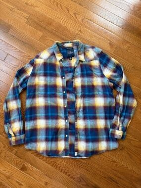 AE Women’s Plaid Button-Up Shirt - Blue, Yellow, Burgundy